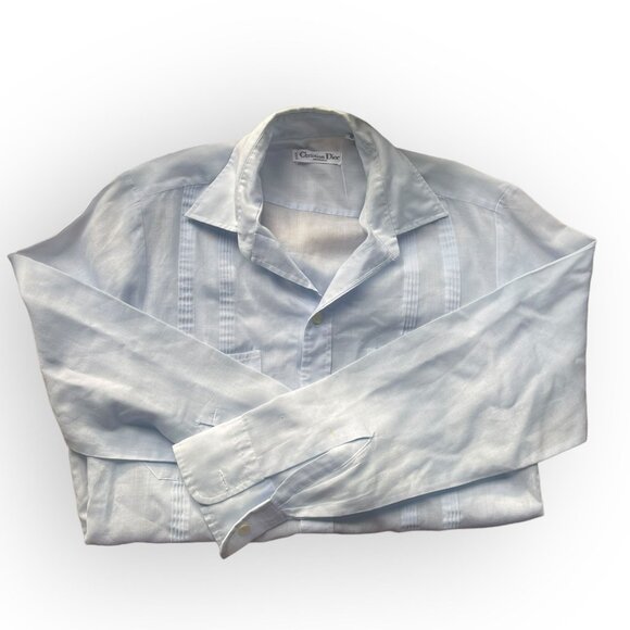 VTG Christian Dior Pale Blue Pleated Long Sleeve Guayabera Shirt Small - Picture 8 of 11
